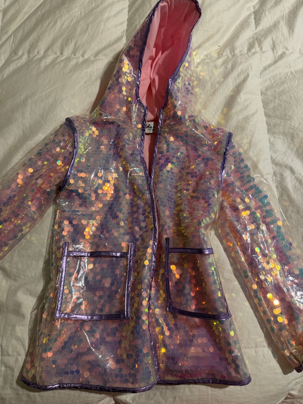Lola + The Boys Iridescent Sequin Hooded Trench Coat - Pink
